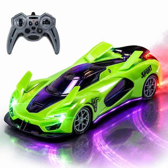 Wefone RC Super Sports Car with4-Leaf Adjustable Wings, Spray Mist, LED Lights, Music, Dual Speed Modes, Auto Demo & Parking, 2.4GHz Remote Control Stunt Racing Car for Kids