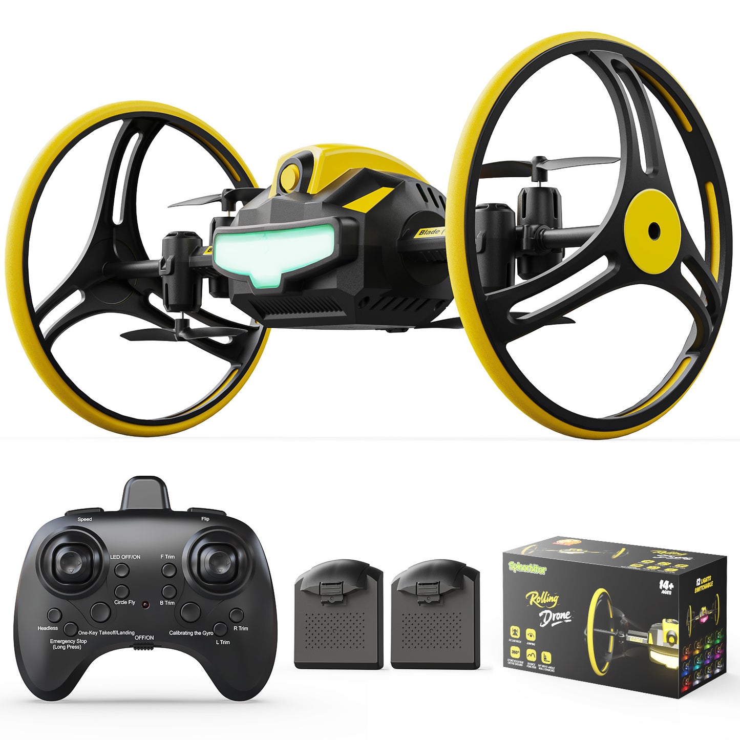 Wefone H4831 Rolling Drone Bouncing Wall-Climbing Flying Vehicle Function, 360°Flip, Air Hop, Circle Fly, 2 Batteries, Yellow