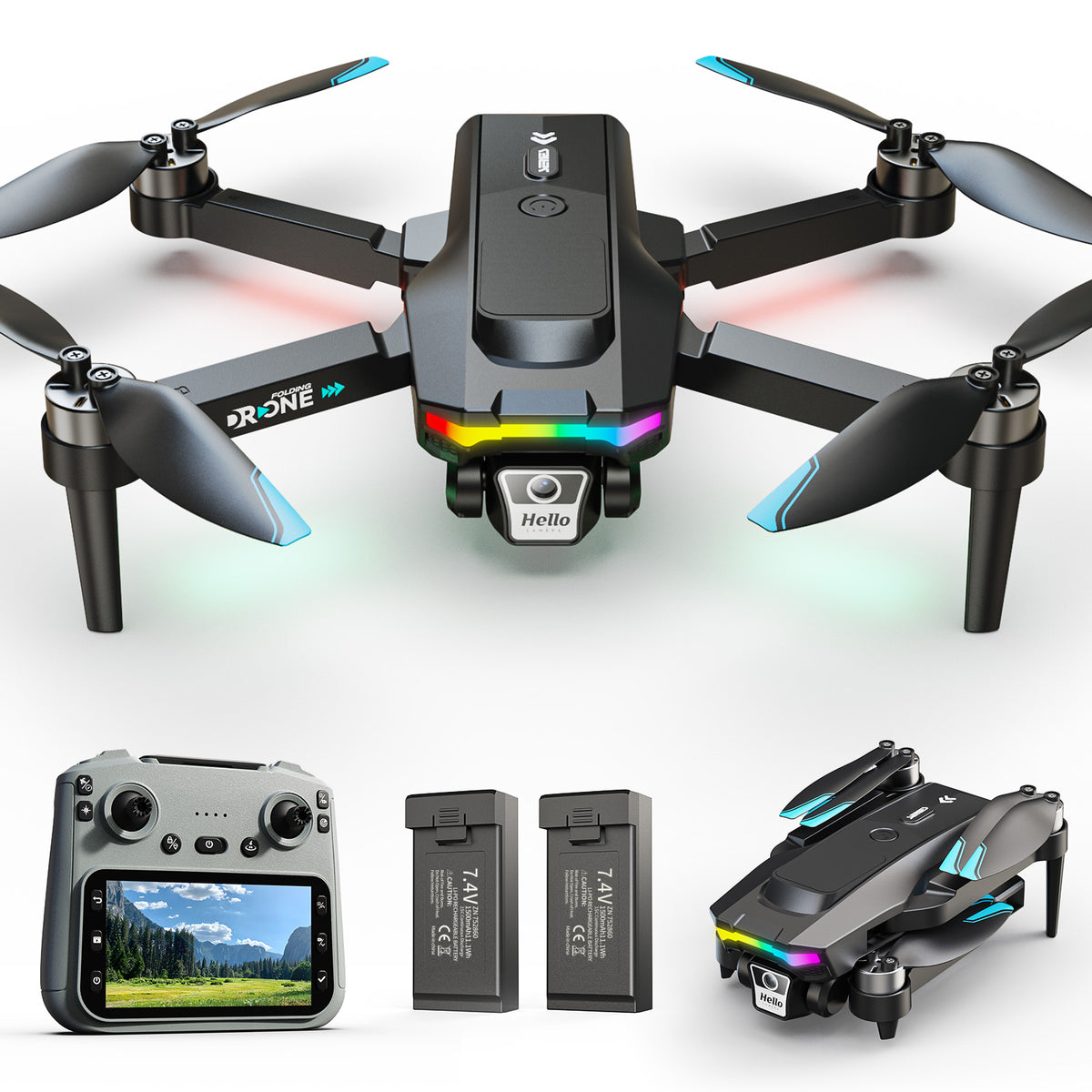 GPS Drone with 4.5" Screen Remote, Wefone F208 Foldable 1080P Dual Camera, Obstacle Avoidance, Under 249g, Carry Case, 2 Batteries,Black