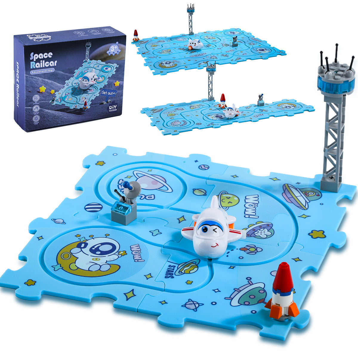 Wefone 12 PCS Space Theme Puzzle Track Set with Wind-Up Plane Car, Battery-Free Clockwork Toy, DIY Assembly Educational Playset, Safe ABS Toy for Kids Ages 3+, Ideal Birthday & Holiday Gift
