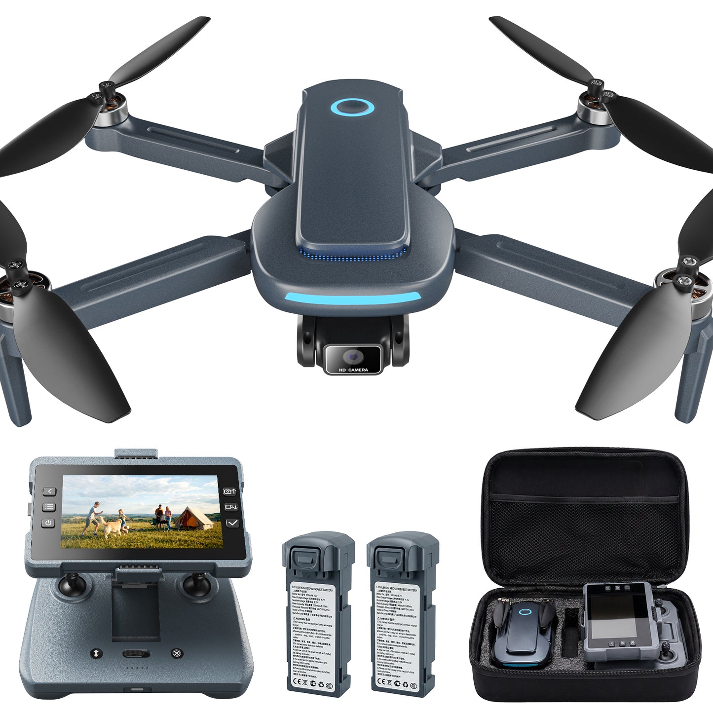 Drone with 4.3" Screen Remote Controller, Foldable 4K Camera Wefone JY019, Beginner-Friendly Optical Flow Positinging, Stunt Flying, Under 249g, 2 Batteries, Black