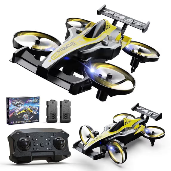 Drones for Kids, Wefone ZF24 2-in-1 Air and Land RC Vehicle, Remote Control Car, 3-Speed, 360°Flip, Headless Mode, Circle Fly, 2 Batteries, Yellow