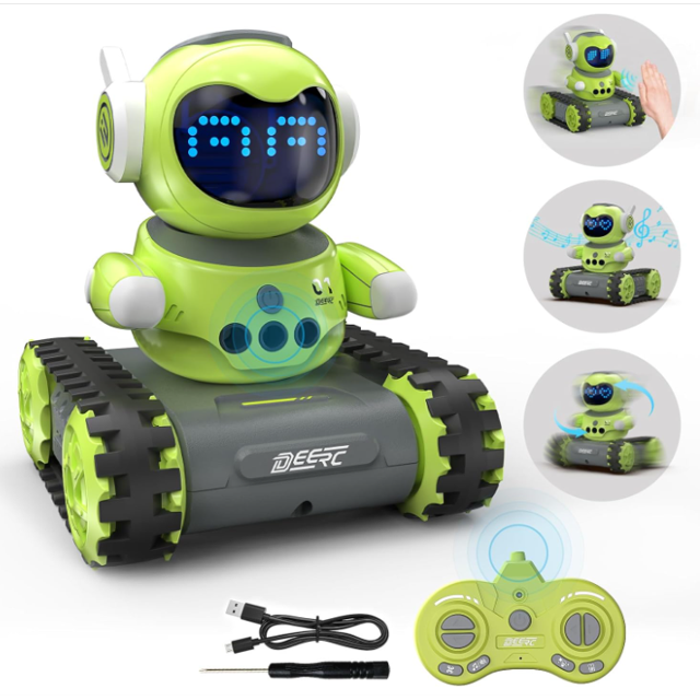 DEERC Robot Toys for Kids 5-7,Walkie Talkie Remote Control Emo Robot W/Gesture Sensing,16 LED Eyes,Auto Demo,Music,Flexible Head & Arms,Rechargeable RC Toys Xmas Birthday Gifts for Boys Girls