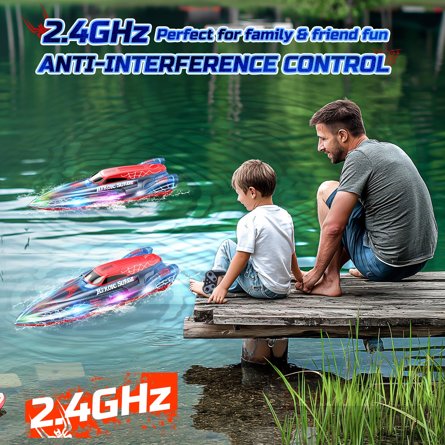 DEERC 13 inch Remote Control Boat for Kids, 2.4Ghz RC Spider Boat with LED Lights for Pools and Lakes, Summer Water Toy Gift for Boys 8-12, 2 Batteries