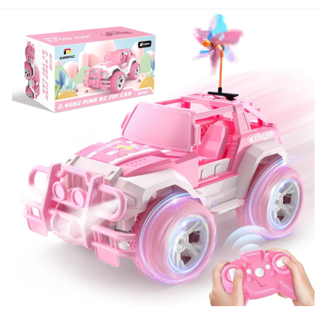 DEERC RC Cars with Windmill Hair Clips, 1:18 Scale Remote Control Car with Storage Case, 80 Min Playtime 2.4Ghz LED Light Off-Road Pink Monster RC Trucks with Auto Mode, Toys Car Gifts for Girls Kids