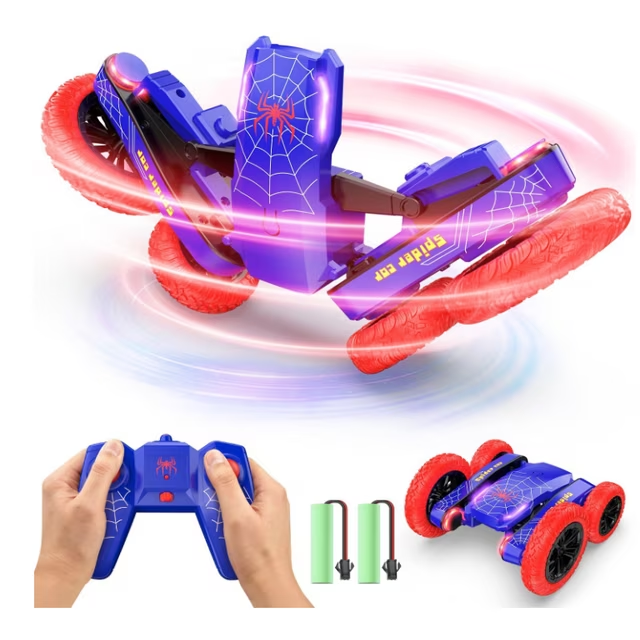 DEERC Spider Remote Control Car - Double Sided Mini RC Stunt Car, 360°Rotating 4WD Off-Road RC Cars with Headlights 2.4Ghz Indoor/Outdoor Rechargeable Toy Car for Boys Age 4-7 8-12 Birthday Xmas Gift