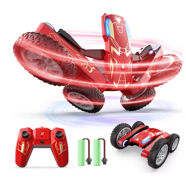 DEERC Iron Remote Control Car - Double Sided Mini RC Stunt Car, 360°Rotating 4WD Off-Road RC Cars with Headlights 2.4Ghz Indoor/Outdoor Rechargeable Toy Car for Boys Girls Age 4-7 8-12 Birthday Gift
