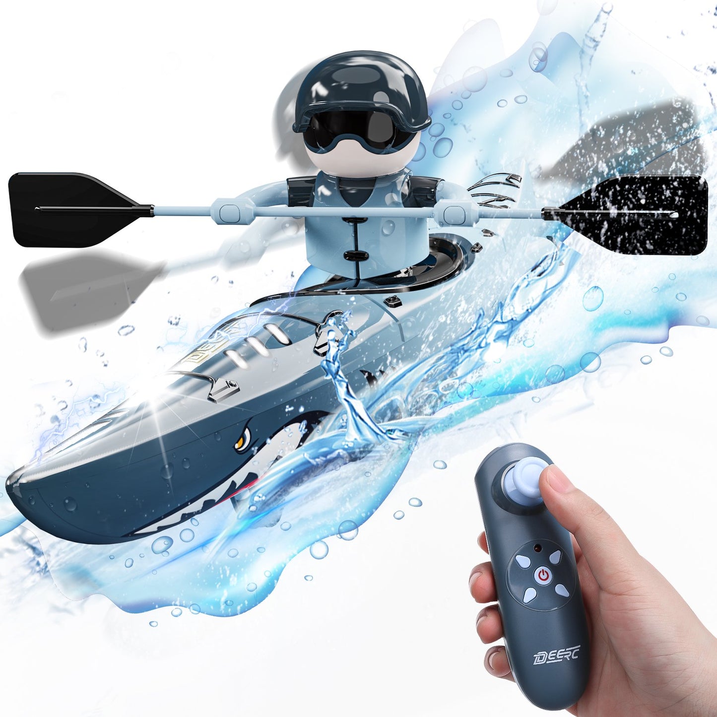 DEERC RC Kayak Boat for Kids,2.4 Ghz Remote Control Shark Boat Toys W/LED Light for Pools,Lake,Bathtub,Swimming Never Capsize Summer Outdoor Water Toys Gift for Ages 6-12 Boys Girls Blue