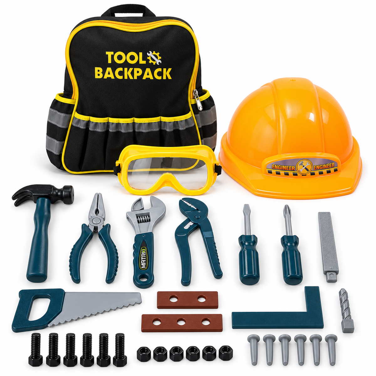 33 Piece Pretend Play Construction Tools Set, Kids Hand Tool Kit with Storage Backpack, Hard Hat, Durable Safe Play Toys, Great Gift for Boys Girls Age 3 and Up