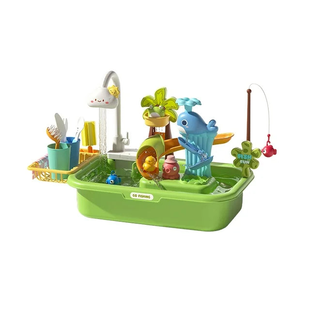 Pretend Play Kitchen Sink Toys, Kids Electric Dishwasher Playing Set, Upgraded Faucet, Pool Floating Fishing Toys and Automatic Water Cycle System, Water Table Toys for Kids Toddlers Boys Girls, Green
