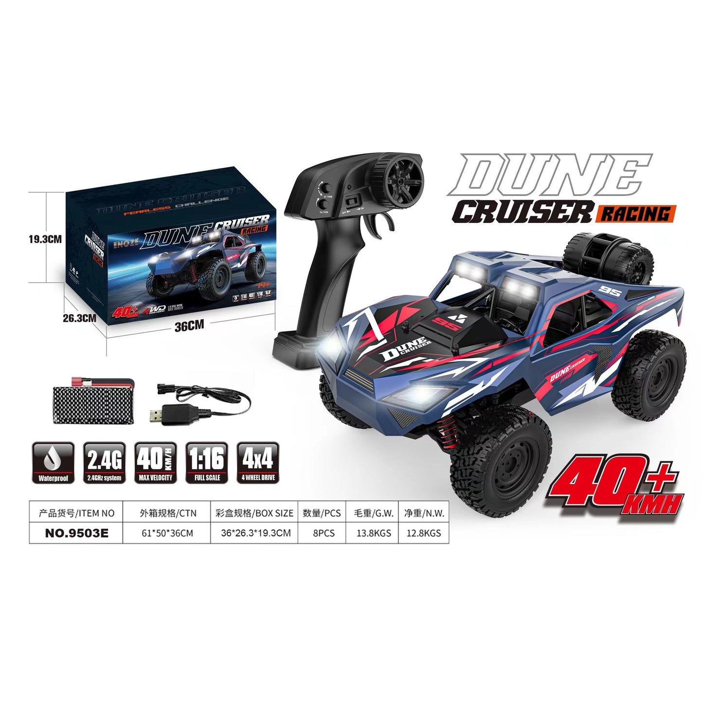 RC Car, 1:16 Scale Remote Control Monster Truck, 4WD Electric Vehicle with 2.4 GHz Remote Toys, 28 KM/H RC Cars with LED Bodylight and 2 Batteries for Boys Age 4-7 8-12, Blue