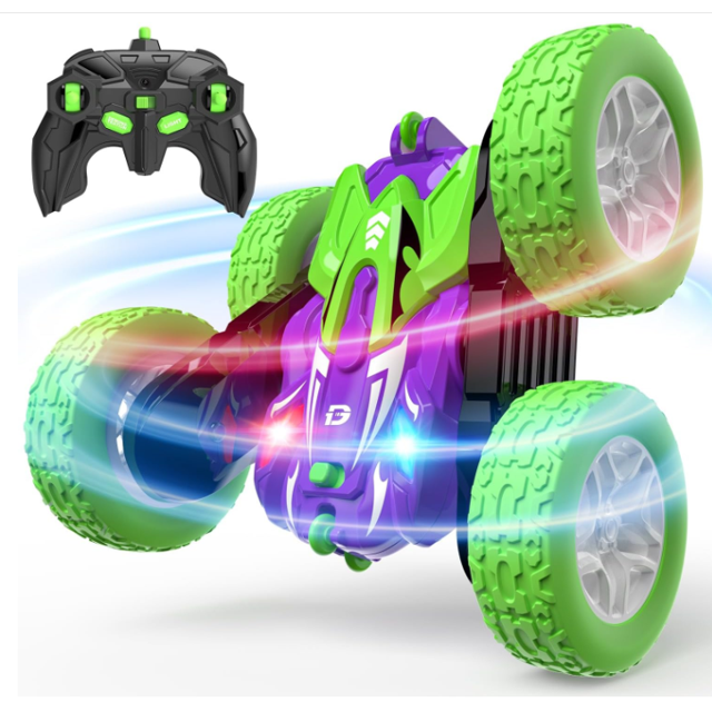 DEERC Remote Control Car, Double-Sided Driving RC Stunt Cars, 360° Spin 4WD Off-Road Car W/Dual Motors LED 2.4GHz Indoor/Outdoor Toy for Boys Age 4-7