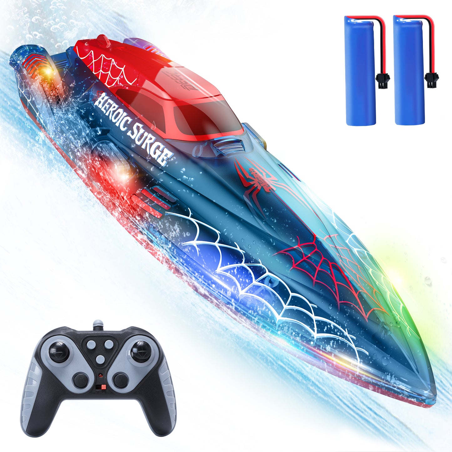 DEERC 13 inch Remote Control Boat for Kids, 2.4Ghz RC Spider Boat with LED Lights for Pools and Lakes, Summer Water Toy Gift for Boys 8-12, 2 Batteries