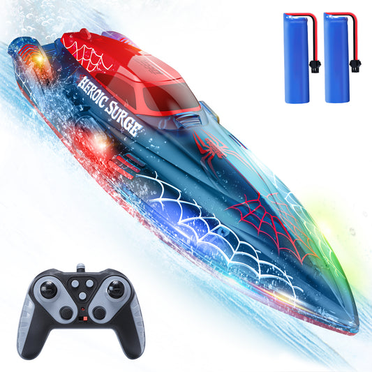 DEERC 13 inch Remote Control Boat for Kids, 2.4Ghz RC Spider Boat with LED Lights for Pools and Lakes, Summer Water Toy Gift for Boys 8-12, 2 Batteries