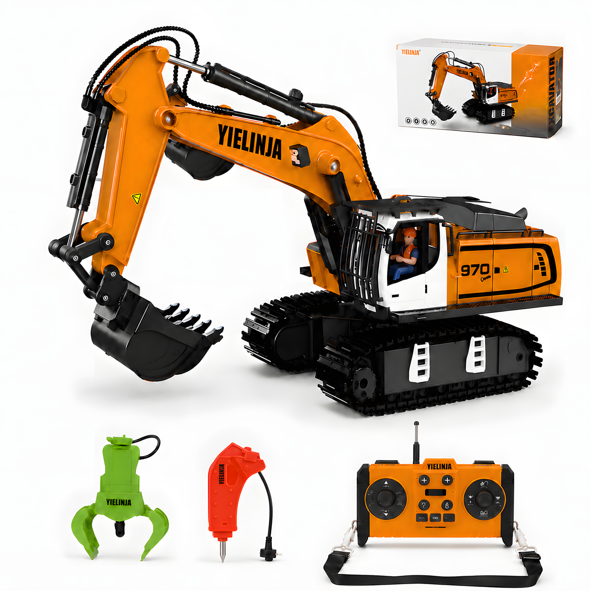 1:30 RC Excavator Toy with Mist Spray, 3 Interchangeable Attachments, Remote Control Construction Vehicle with Bucket, Claw & Drill, Lights, Sounds & Controller Strap for Kids Ages 6+