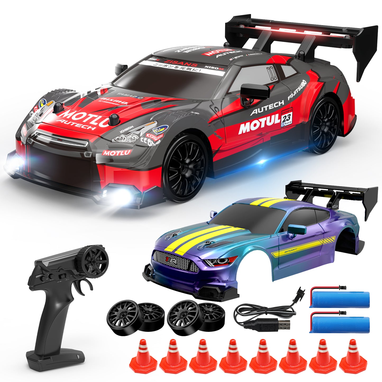 DEERC RC Drift Car, 4WD 2.4GHz Remote Control Car for Kids W/LED Lights, Car Shell, 2 Rechargeable Batteries, 40mins Playtime, Racing & Drift Wheels, 8 Traffic Cones, Toy Cars for Boys Girls