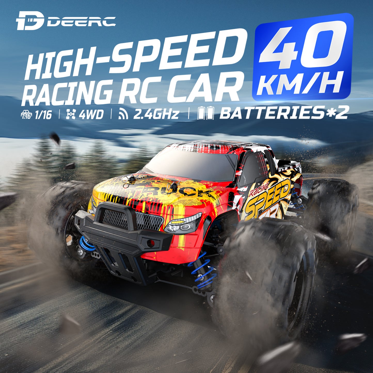 DEERC Remote Control Car High Speed RC Cars for Kids Adults 1:16 Scale 40 KM/H 4WD Off Road Monster Trucks,2.4GHz All Terrain Toy Trucks with 2 Rechargeable Battery