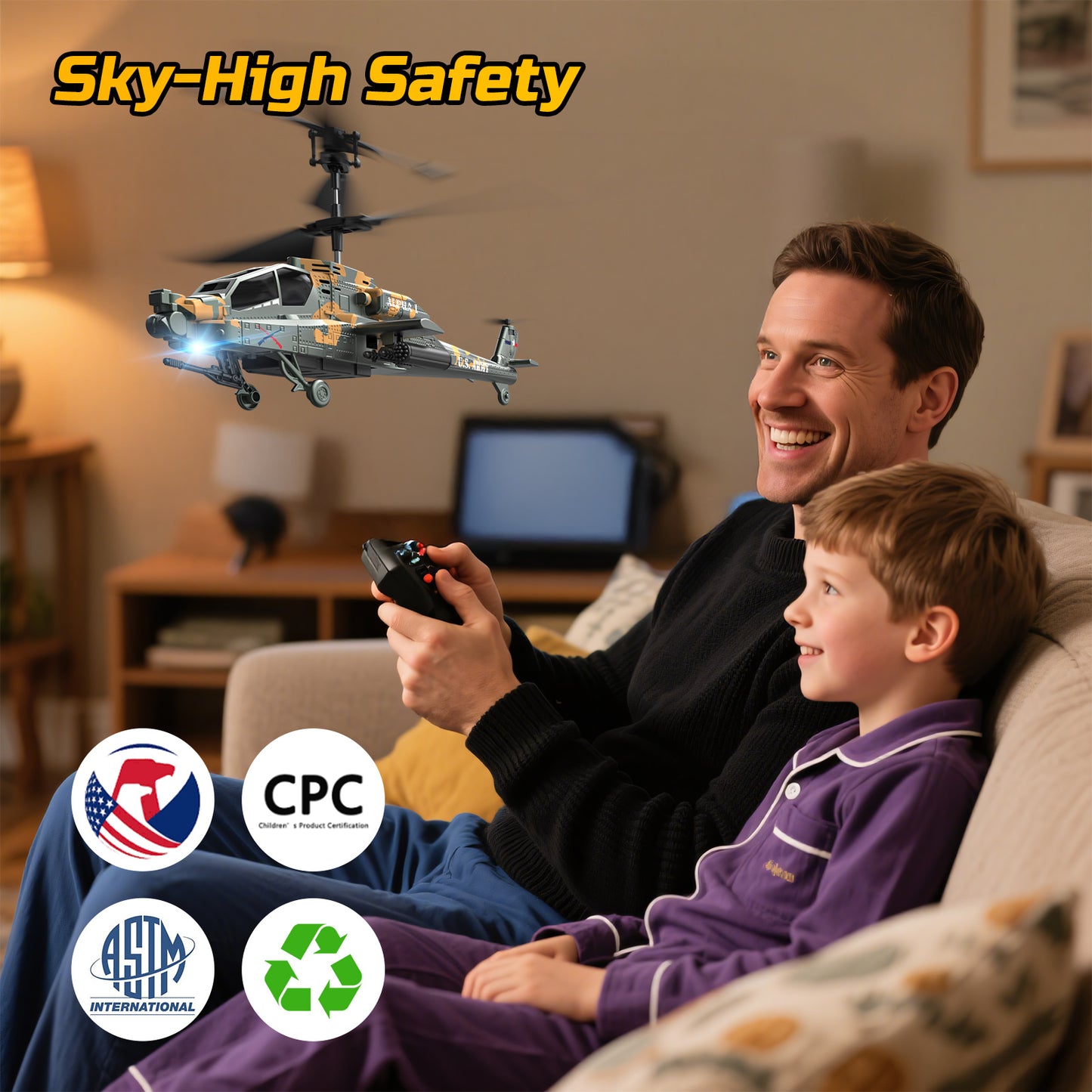 DEERC RC Helicopter for Adults, Apache Remote Control Helicopter for Kids 8-12, Toy Helicopters RC with LED Lights, 2 Batteries, Altitude Hold, 2.4GHz Military Style for Indoor, Ideal for Birthday