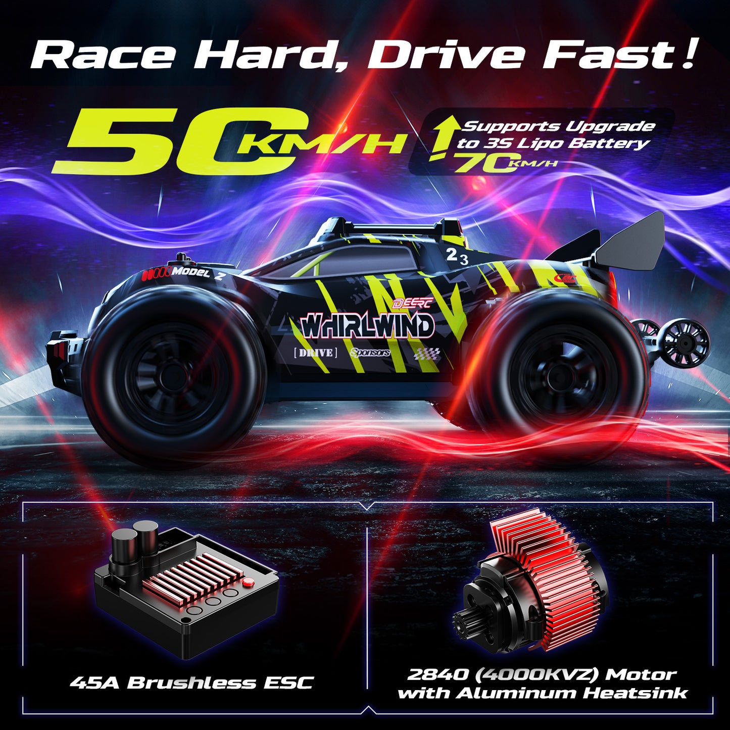 DEERC 1/14 Fast Brushless RC Car for Adults, 43 MPH High Speed 4x4 Off-Road RC Truck, Waterproof Monster Truggy, All Terrain Remote Control Drift Car for Boys 8-12, 2 Batteries, 3S Lipo Compatible