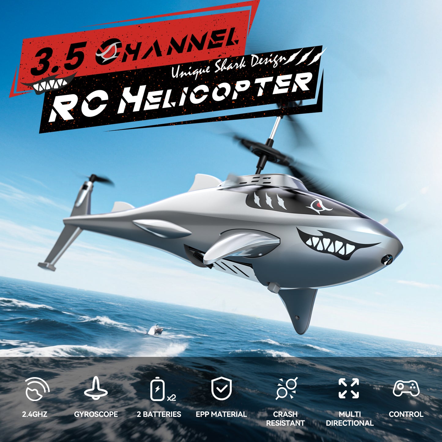 DEERC Shark RC Helicopter for Kids & Adults, Remote Control Helicopter Toy with LED Lights, 2 Batteries & USB-C Charging, 26 Mins Flight, Altitude Hold, Gift for Boys Ages 8-12