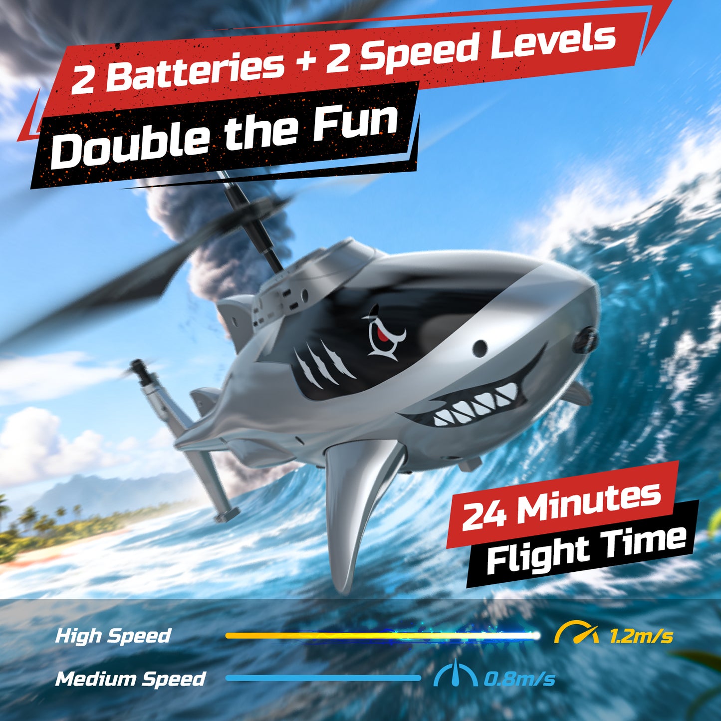 DEERC Shark RC Helicopter for Kids & Adults, Remote Control Helicopter Toy with LED Lights, 2 Batteries & USB-C Charging, 26 Mins Flight, Altitude Hold, Gift for Boys Ages 8-12