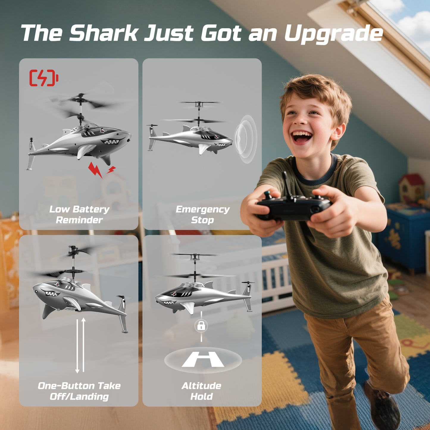 DEERC Shark RC Helicopter for Kids & Adults, Remote Control Helicopter Toy with LED Lights, 2 Batteries & USB-C Charging, 26 Mins Flight, Altitude Hold, Gift for Boys Ages 8-12