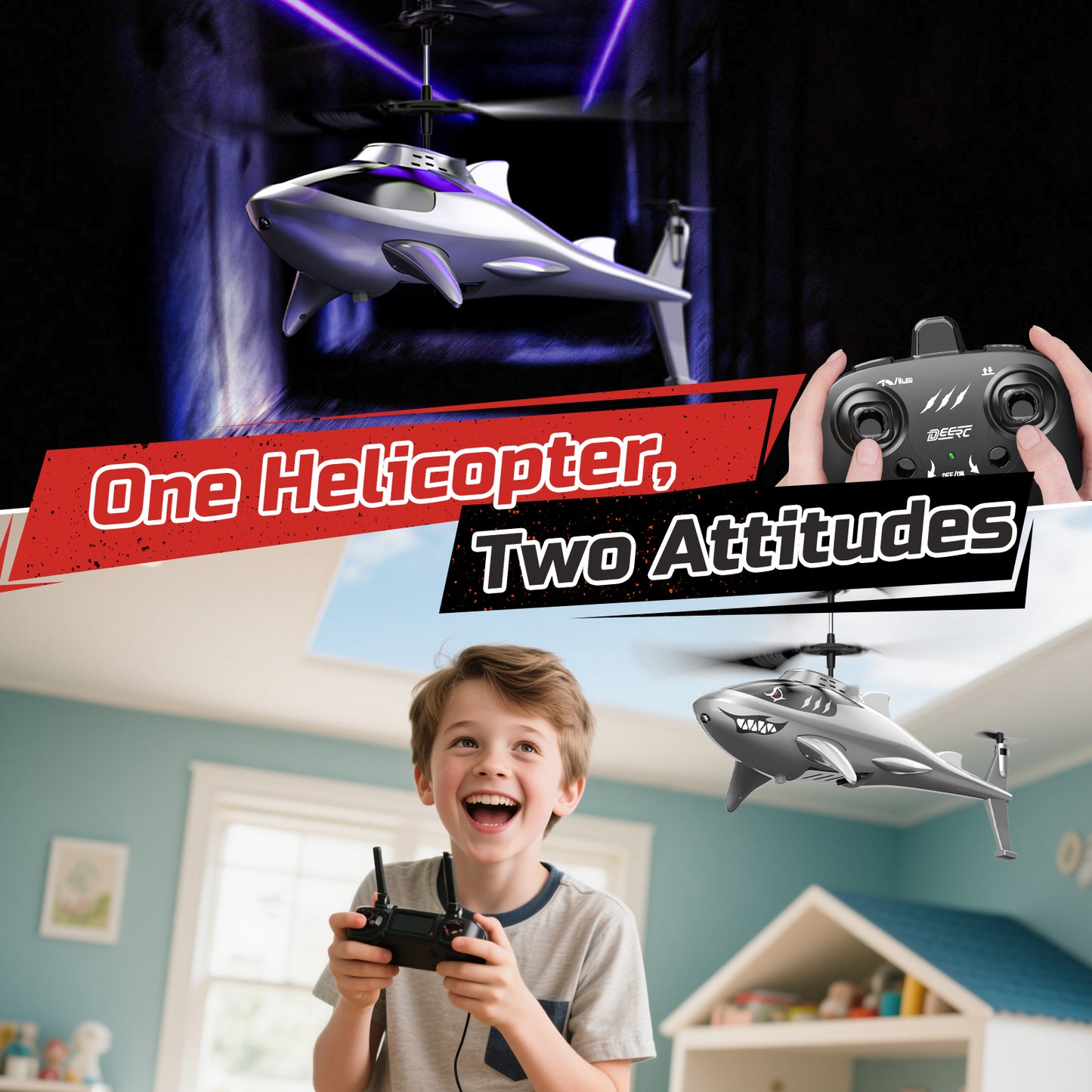 DEERC Shark RC Helicopter for Kids & Adults, Remote Control Helicopter Toy with LED Lights, 2 Batteries & USB-C Charging, 26 Mins Flight, Altitude Hold, Gift for Boys Ages 8-12