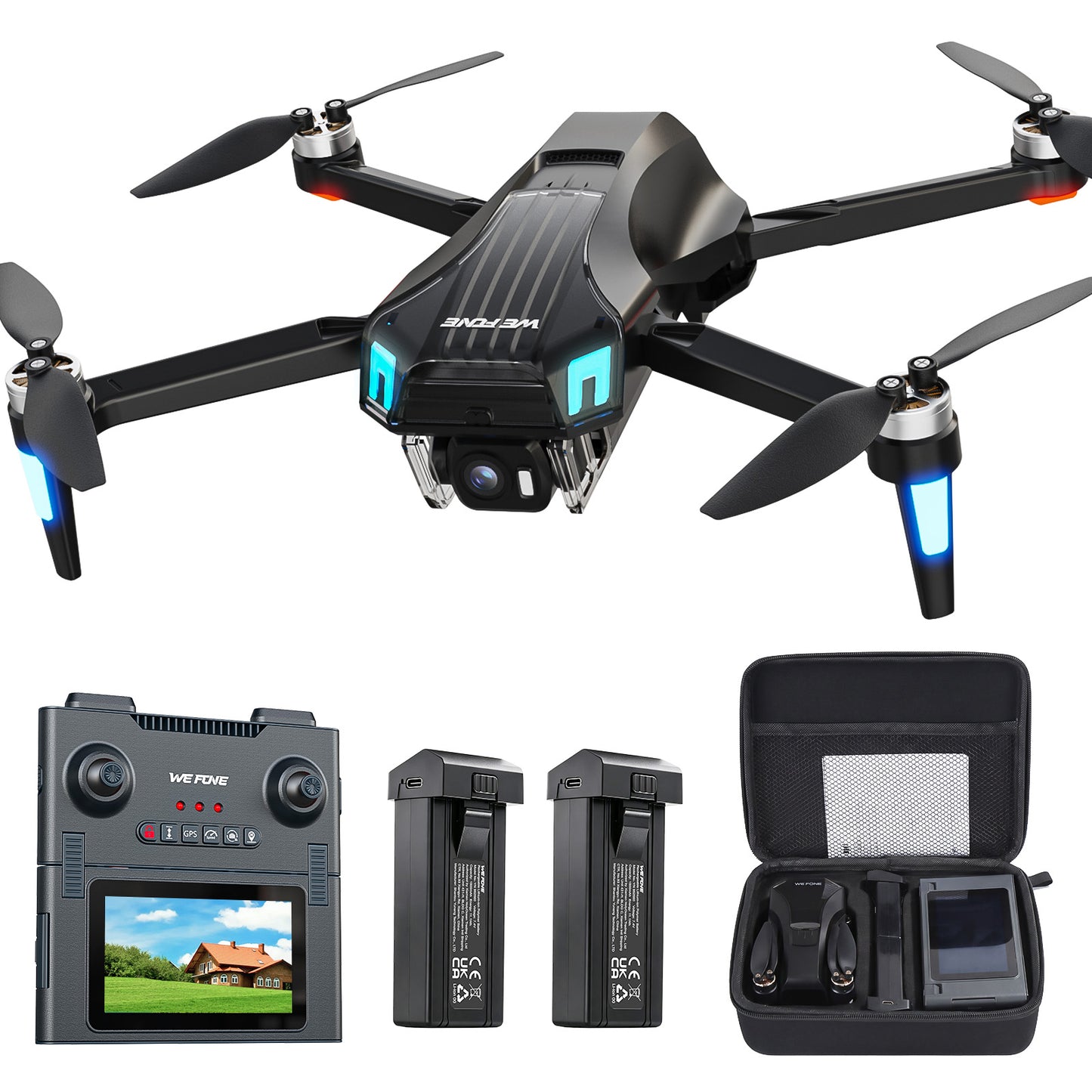 Wefone WF35 GPS Foldable Drone with 4.3" Touchscreen on Remote, Drones with Camera for Adults 4K, 4GB Card, Under 249g, Obstacle Avoidance, 2 Batteries, Black