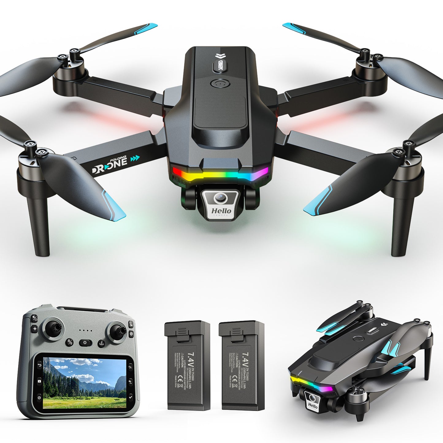 GPS Drone with 4.5" Screen Remote, Wefone F208 Foldable 1080P Dual Camera, Obstacle Avoidance, Under 249g, Carry Case, 2 Batteries,Black