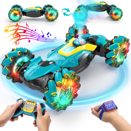 DEERC Gesture Sensing RC Stunt Car with Fog Mist & Music, 4WD Hand Controlled Remote Control Drift Car Toy for Kids, All Terrain Off-Road Double-Sided Driving with Lights, Birthday Gift for boy