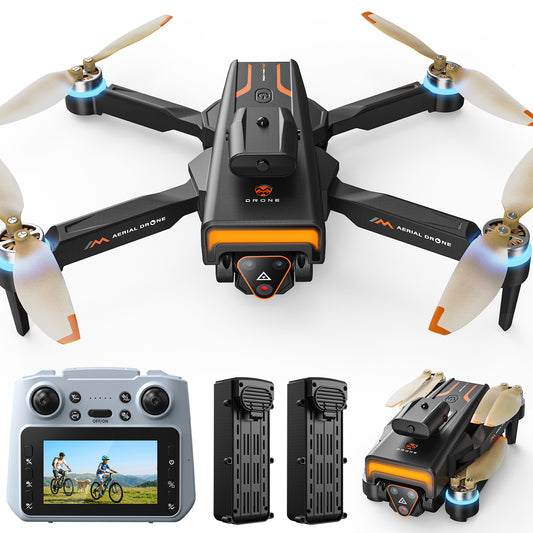 Wefone M4 Foldable Drone with Screen on Controller, HD Camera, Obstacle Avoidance, Optical Flow, Brushless Motor, Under 249g, 2 Batteries, Black