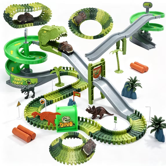 Dinosaur Track Toy Set for Kids, Spiral Climb & Waterfall Race Track with Dino Car, Flexible DIY Track Playset with Figures & Accessories, STEM Gift for Boys Girls Ages 3+.