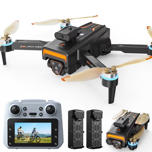 Wefone M4 Foldable Drone with Screen on Controller, HD Camera, Obstacle Avoidance, Optical Flow, Brushless Motor, Under 249g, 2 Batteries, Black