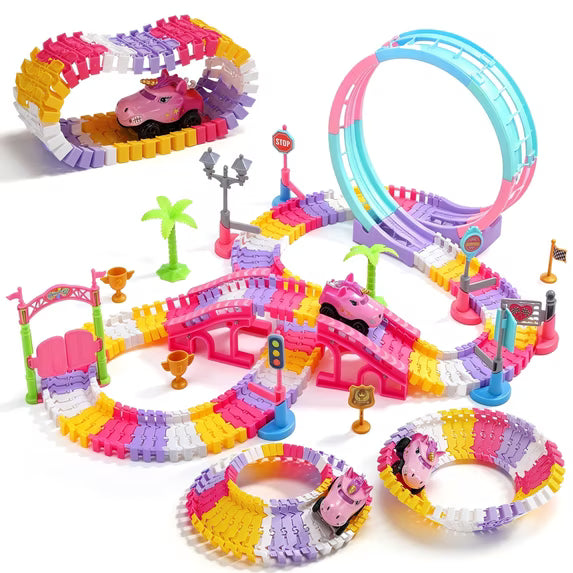 144PCS Unicorn Race Track Toy for Kids, Flexible DIY Track Set with 360° Spin Track, Unicorn Car, Bridge & Accessories, Creative STEM Building Gift for Girls Boys Age 3-6 4-8