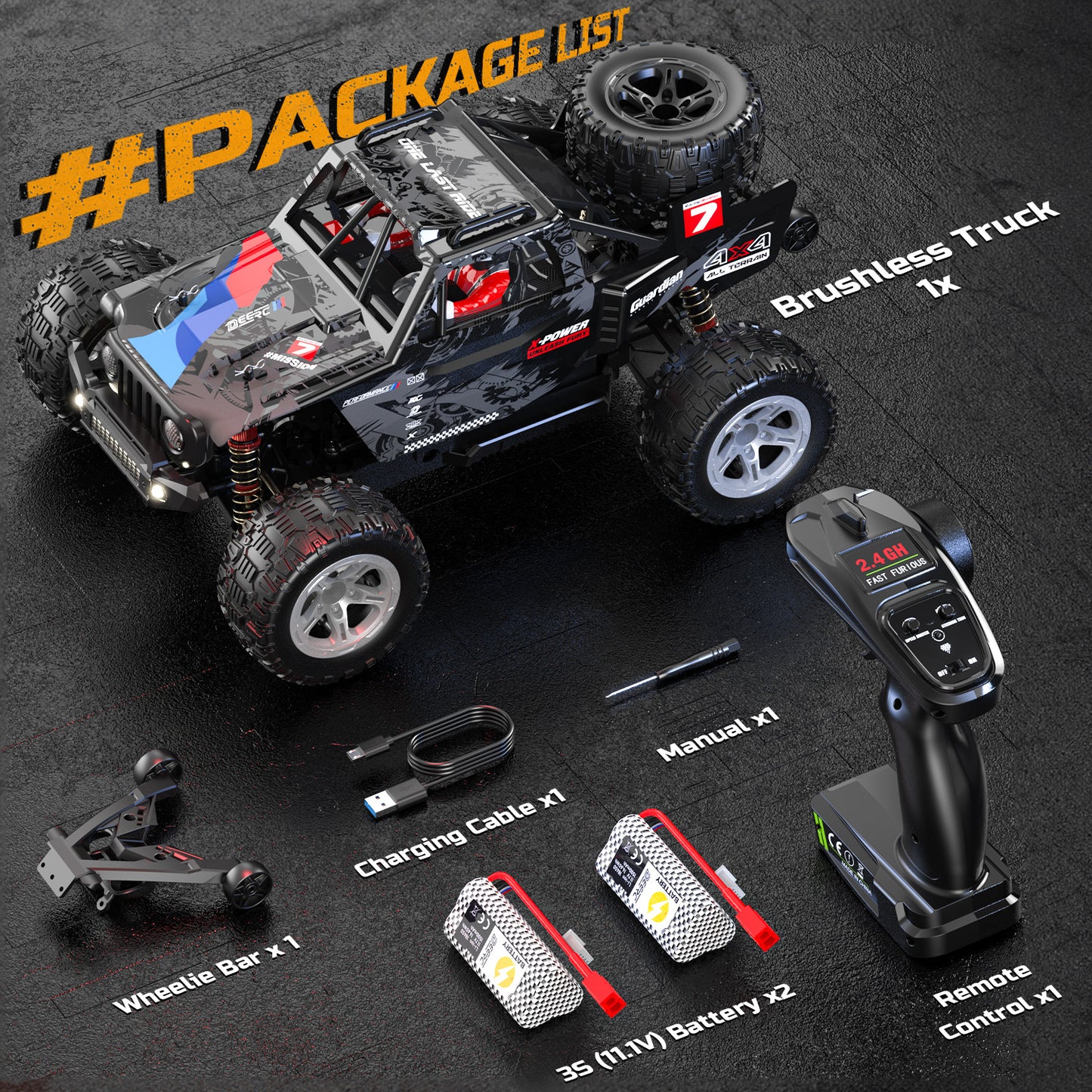 DEERC 1/10 Brushless RC Car for Adults, 60 KMH 4x4 3S Fast RC Trophy Truck with Spare Tire, Waterproof Off-Road Remote Control Monster Truck, All Terrain High Speed RC Car Gift for Boys