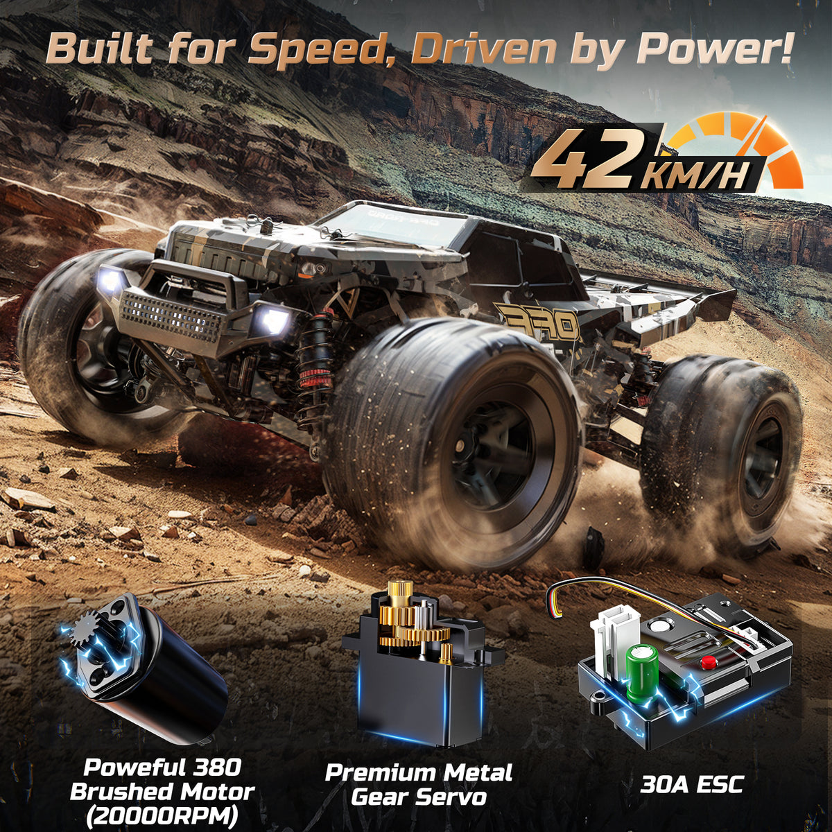 DEERC 9309E All Terrain Fast RC Cars for Adults 42KPH,4WD Electric Off-Road Remote Control Monster Truck,2.4Ghz High Speed Car,Waterproof Monster Truck with 2 Batteries for Boys & Kids