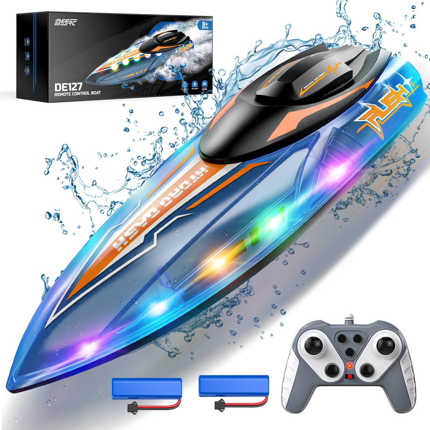 DEERC 13 inch Remote Control Boat for Kids, 2.4Ghz RC Boat with LED Lights for Pools and Lakes, Summer Water Toy Gift for Boys 8-12, 2 Batteries