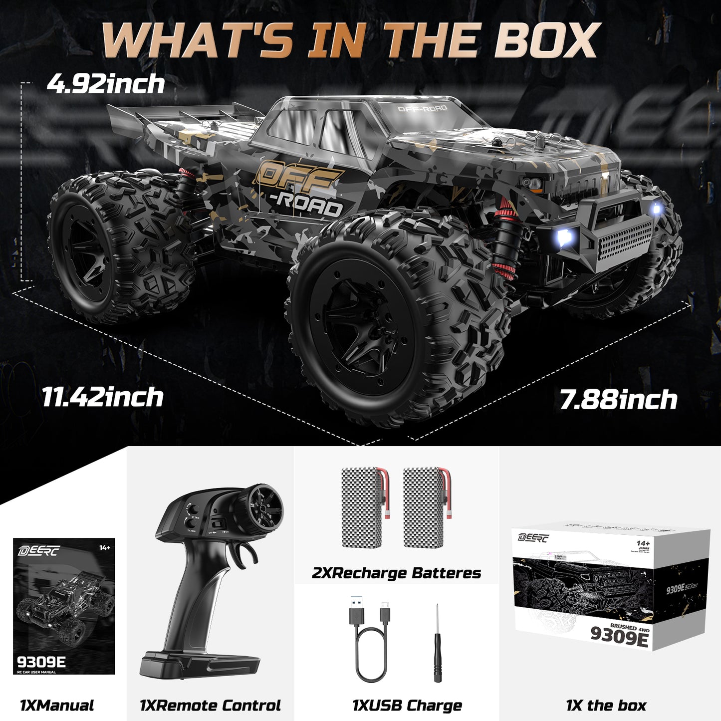 DEERC 9309E All Terrain Fast RC Cars for Adults 40KPH,4WD Electric Off-Road Remote Control Monster Truck,2.4Ghz High Speed Car,Waterproof Monster Truck with 2 Batteries for Boys & Kids