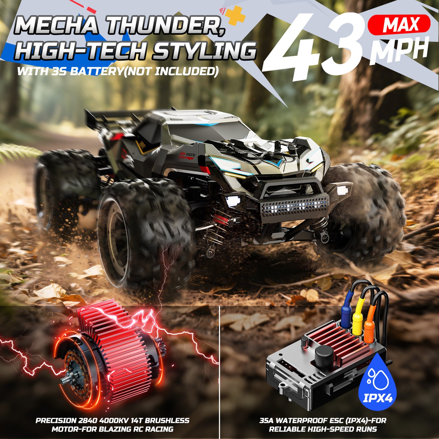 DEERC Brushless Fast RC Cars for Boys & Adults, 55KM/H, 1:18 Off-Road RC Truck, All Terrain 4x4 Racing Mecha Car, 50 Mins, Waterproof Remote Control Monster Truck, Compatible with 3S Battery