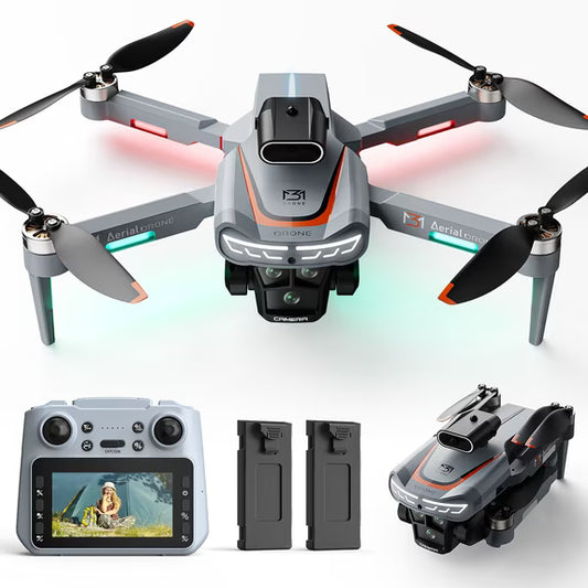 Drone with 4.3" Screen on Remote, Foldable Wefone M3, HD Camera, Obstacle Avoidance, Brushless Motor, Optical Flow, Lightweight, 2 Batteries, Gray