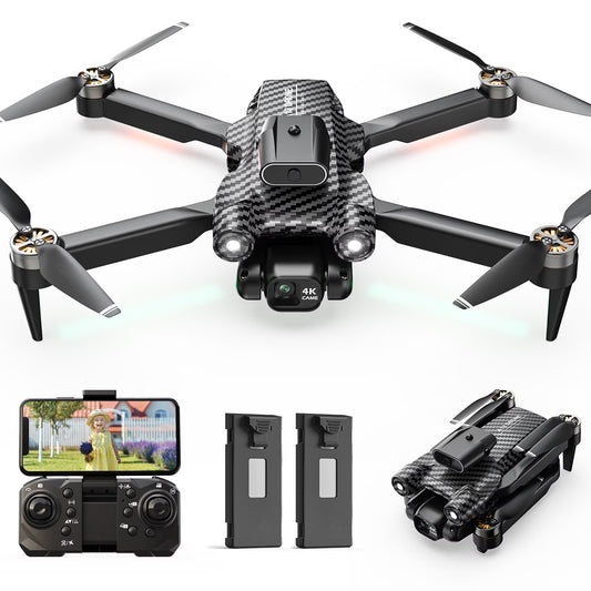 Drone with Camera, Lightweight, Wefone A13 Foldable, Obstacle Avoidance, Optical Flow Positioning, Brushless Motor, 2 Batteries, Black / Carbon Fiber