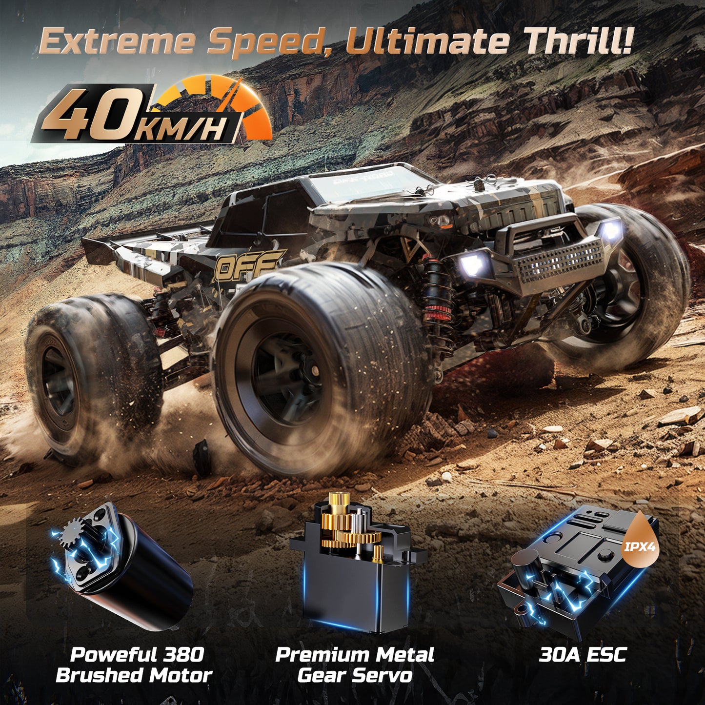 DEERC 9309E All Terrain Fast RC Cars for Adults 40KPH,4WD Electric Off-Road Remote Control Monster Truck,2.4Ghz High Speed Car,Waterproof Monster Truck with 2 Batteries for Boys & Kids