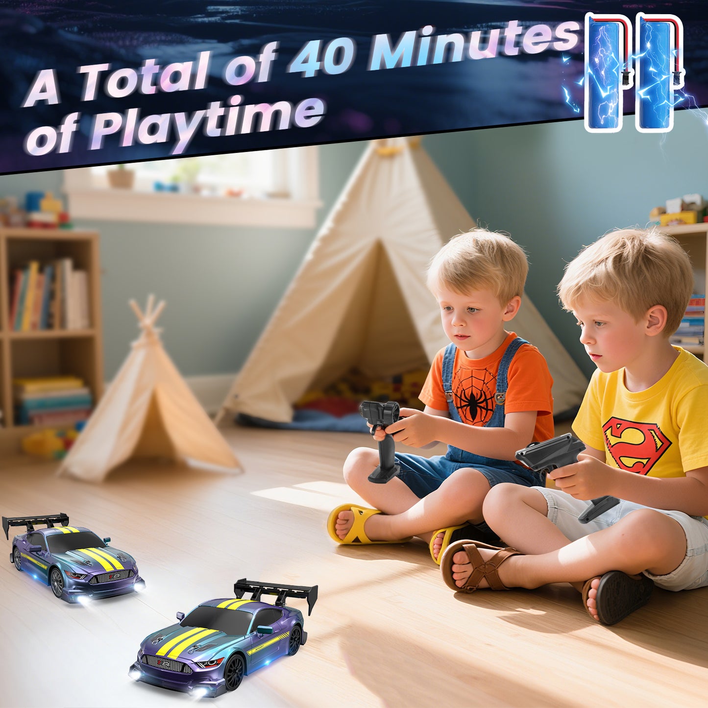 DEERC RC Drift Car, 4WD 2.4GHz Remote Control Car for Kids W/LED Lights, Car Shell, 2 Rechargeable Batteries, 40mins Playtime, Racing & Drift Wheels, 8 Traffic Cones, Toy Cars for Boys Girls