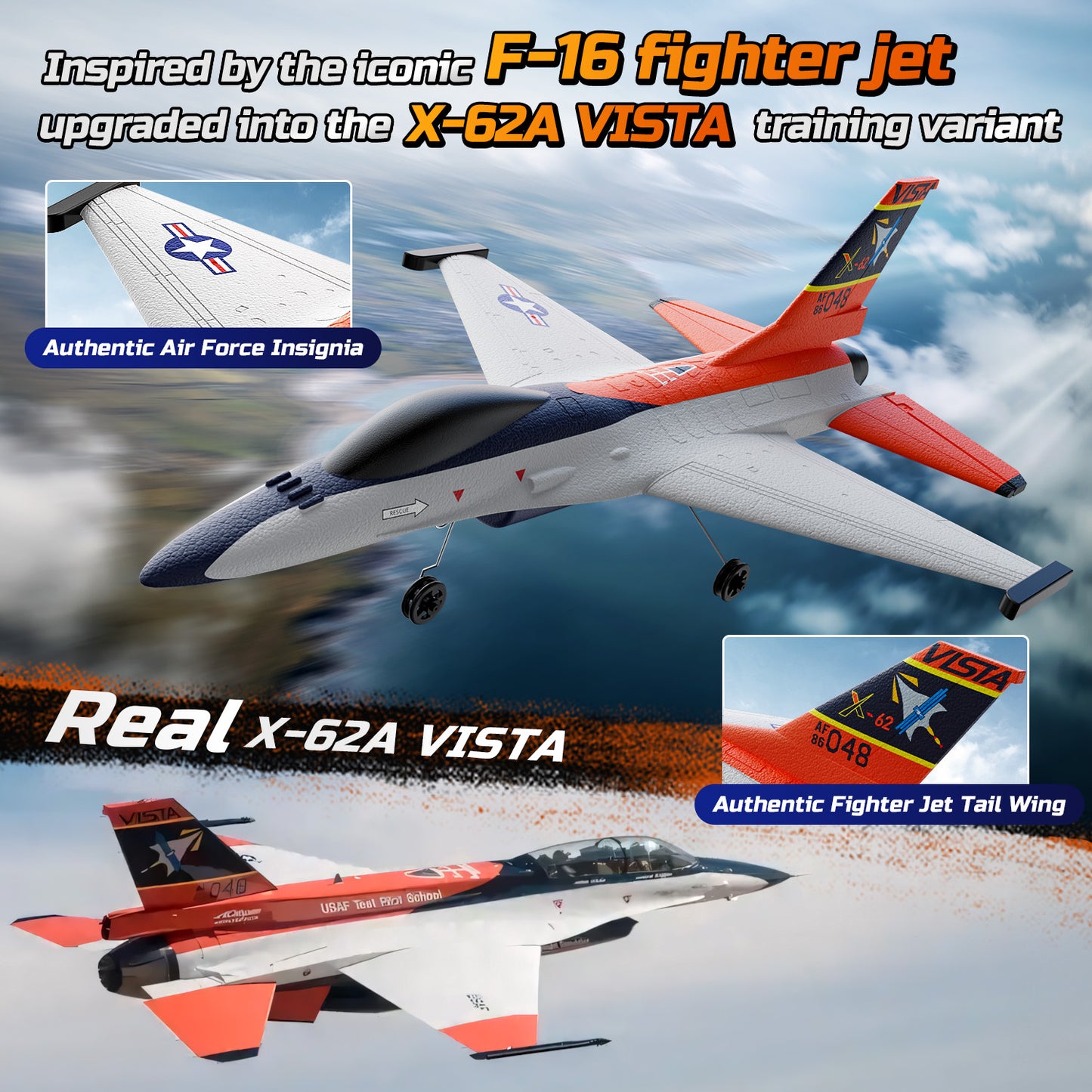 DEERC F-16 Style RC Airplane (X-62A Vista), 4-Channel Remote Control Jet with 6-axis Gyro Stabilizer EPP RTF Hobby Glider Aircraft Plane Easy to Fly for Adults Boys