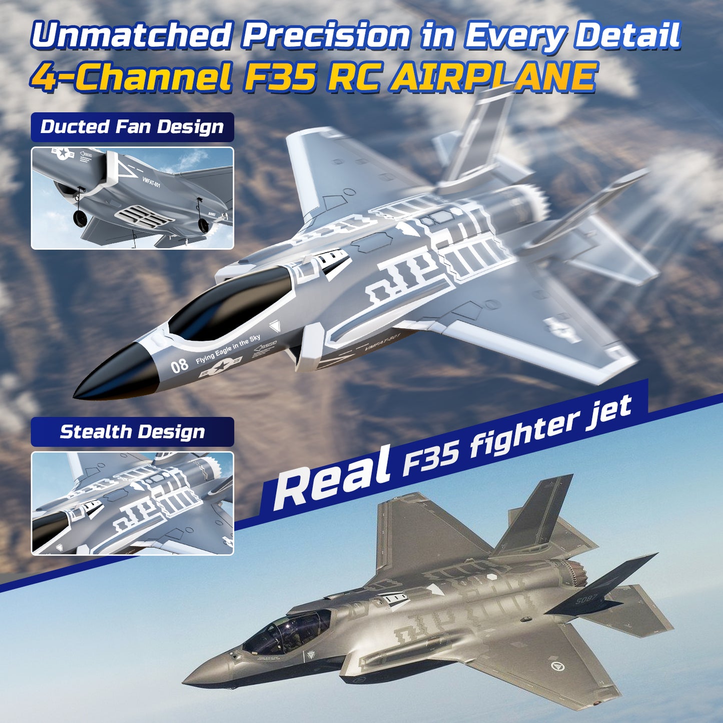 DEERC F35 4 Channel Brushless RC Plane for Adults Remote Control Airplane EDF Fighter Jet,2.4GHz 6-axis Gyro Stabilizer EPP RTF Hobby Glider Aircraft Plane Easy to Fly for Advance Player