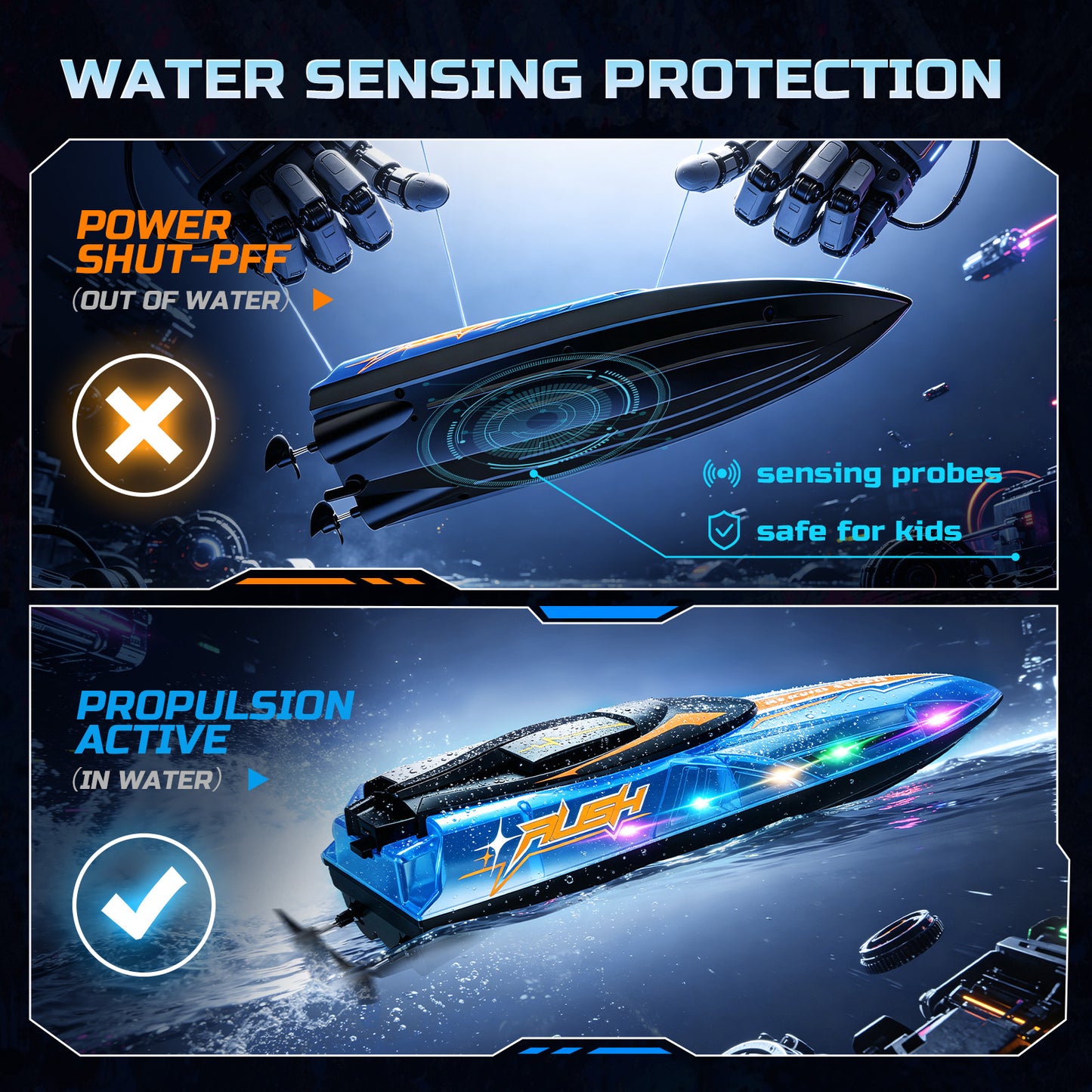 DEERC 13 inch Remote Control Boat for Kids, 2.4Ghz RC Boat with LED Lights for Pools and Lakes, Summer Water Toy Gift for Boys 8-12, 2 Batteries