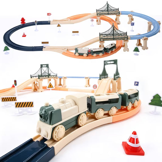 69PCS Electric Train Track Set for Kids Ages 3+, DIY Rail Train Toy with Bridge, Flexible Track, Traffic Signs & Accessories, Educational Railway Playset Gift for Boys Girls Toddlers.