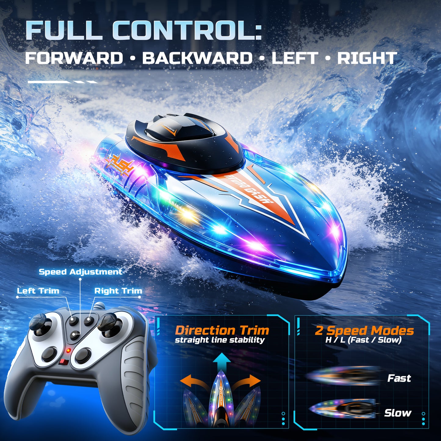 DEERC 13 inch Remote Control Boat for Kids, 2.4Ghz RC Boat with LED Lights for Pools and Lakes, Summer Water Toy Gift for Boys 8-12, 2 Batteries