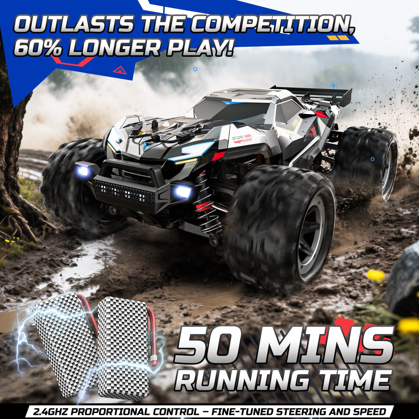 DEERC Brushless Fast RC Cars for Boys & Adults, 55KM/H, 1:18 Off-Road RC Truck, All Terrain 4x4 Racing Mecha Car, 50 Mins, Waterproof Remote Control Monster Truck, Compatible with 3S Battery