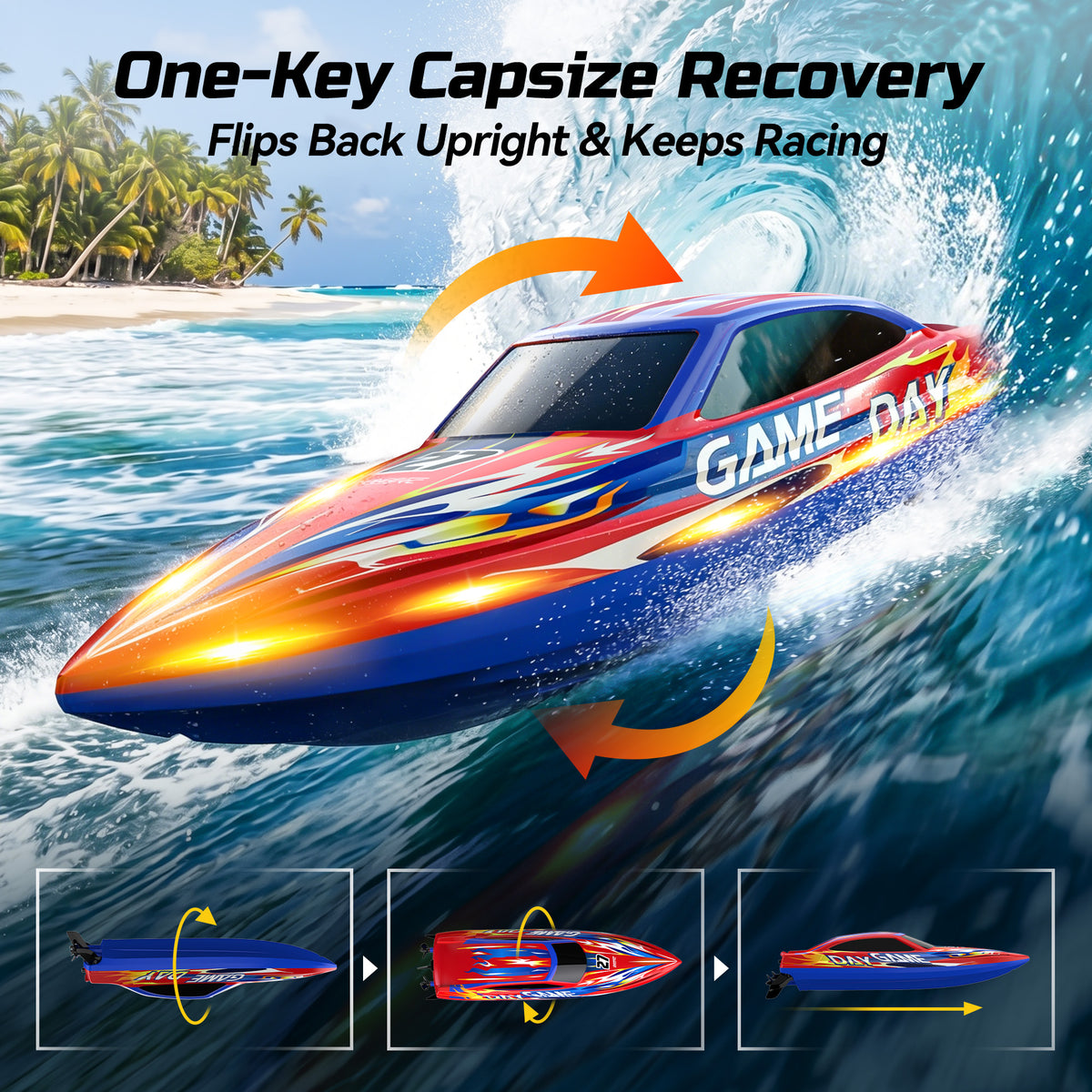 DEERC Fast RC Boat for Pool & Lake, 20+MPH, 40+ Mins, 7 LED Light Modes, Self Righting Remote Control Racing Speed Boat for Kids, 2.4Ghz Summer Water Toy Gift